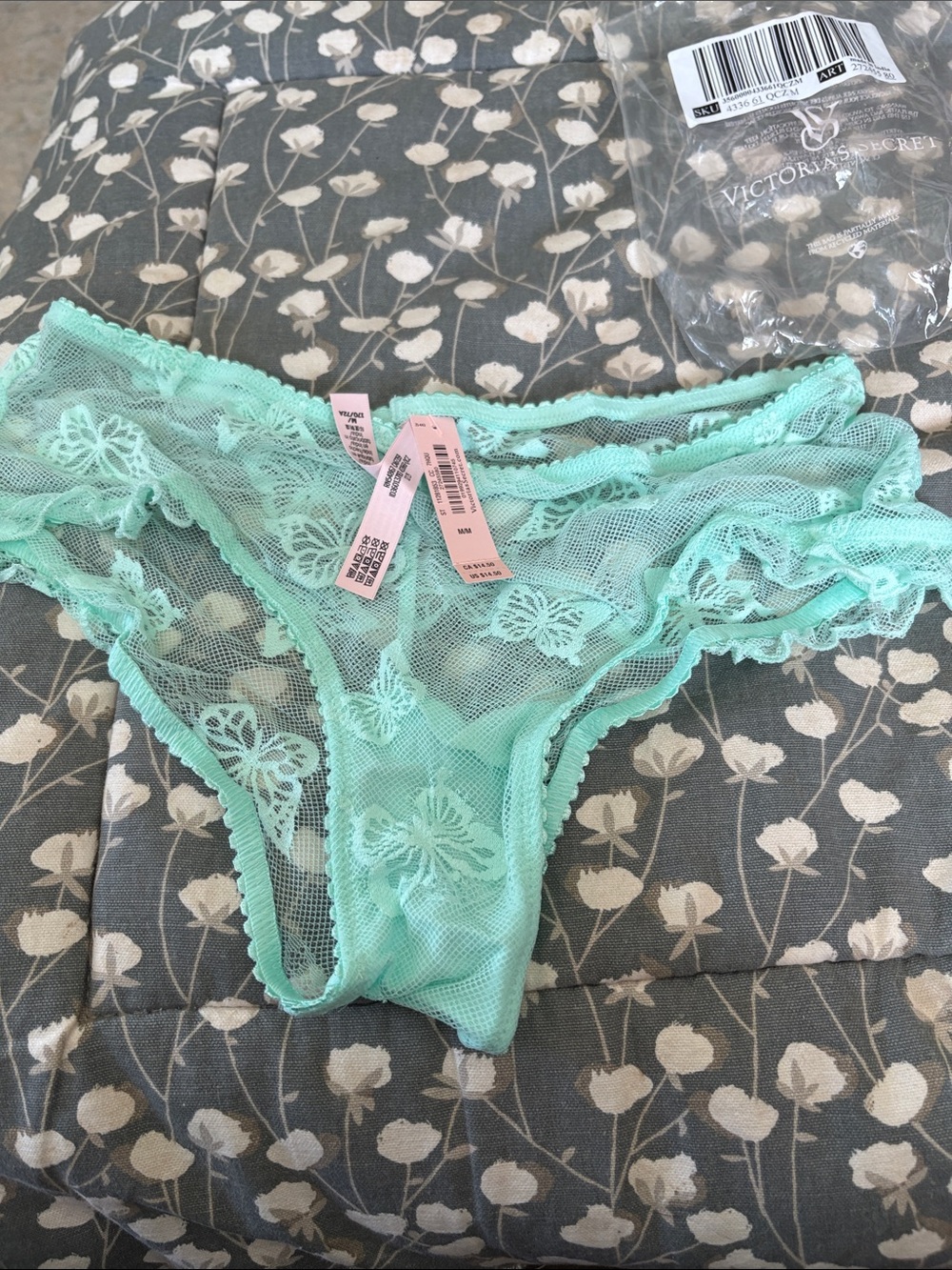 7️⃣1️⃣6️⃣ Victoria's Secret Mint Sheer Lace Bikini Panty with Embroidered Motifs
